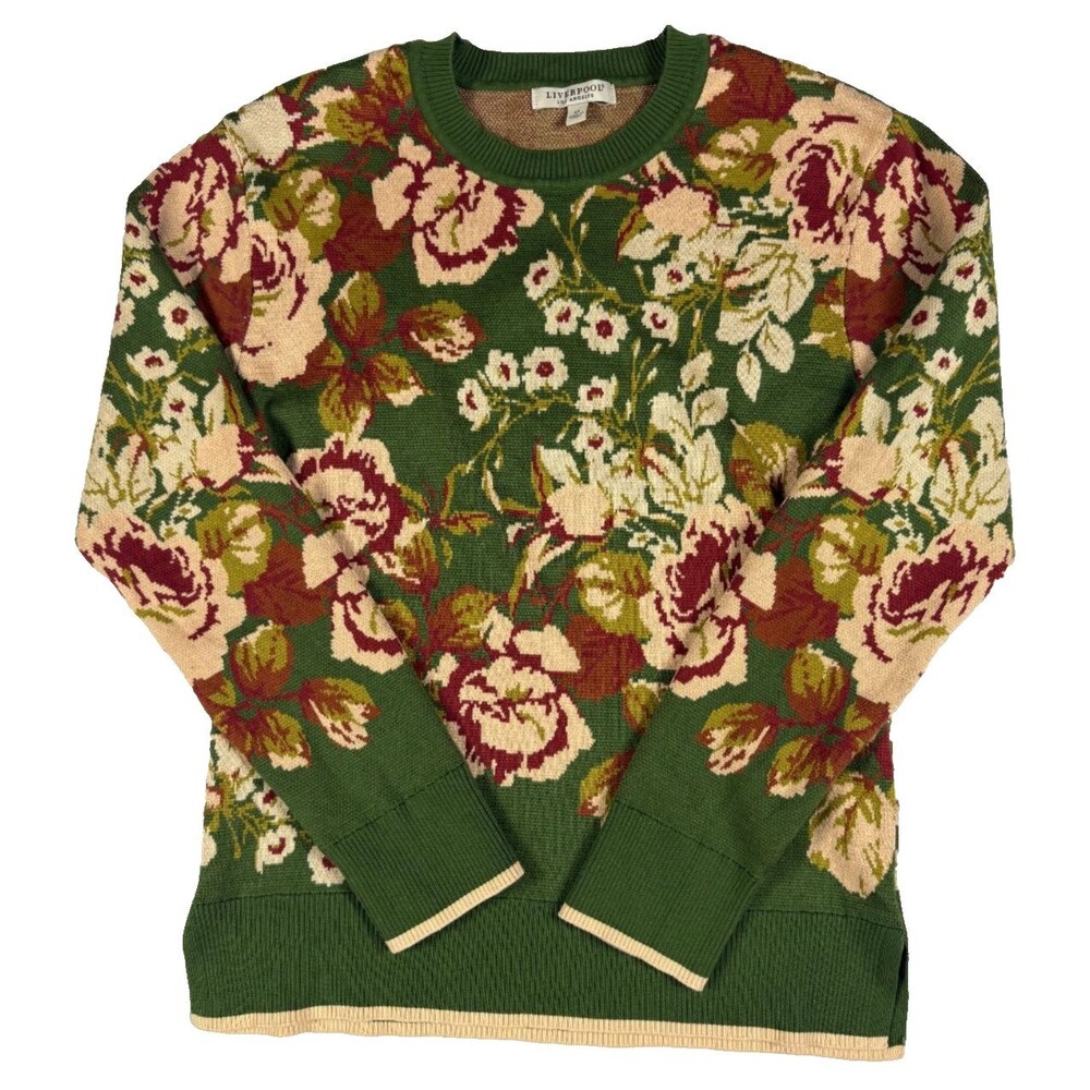 Liverpool Los Angeles Floral Sweater Womens XS Green Rose Crewneck Cottagecore
